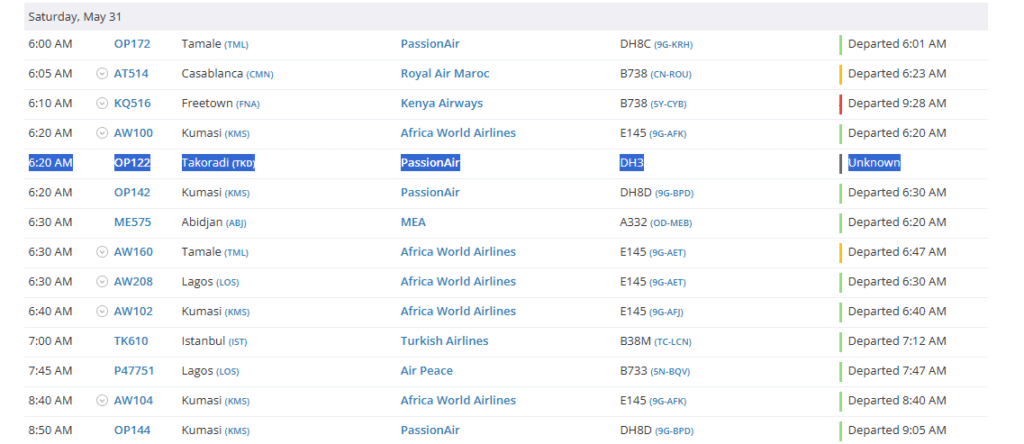 flight radar details of passionair accra takoradi fligth forced to return fuel shortage